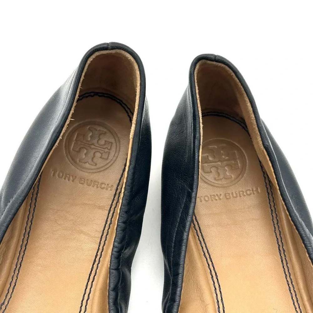 Tory Burch Reva Scrunch Navy Black Leather Ballet Flats Gold Logo Size 6.5M